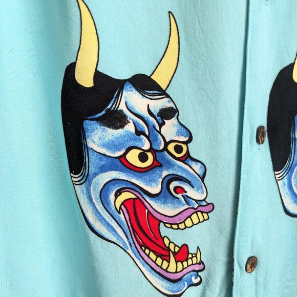 ED HARDY Oni Mask Devil Face Camp Shirt Button Down Short Sleeve Shirt - Picture 8 of 10